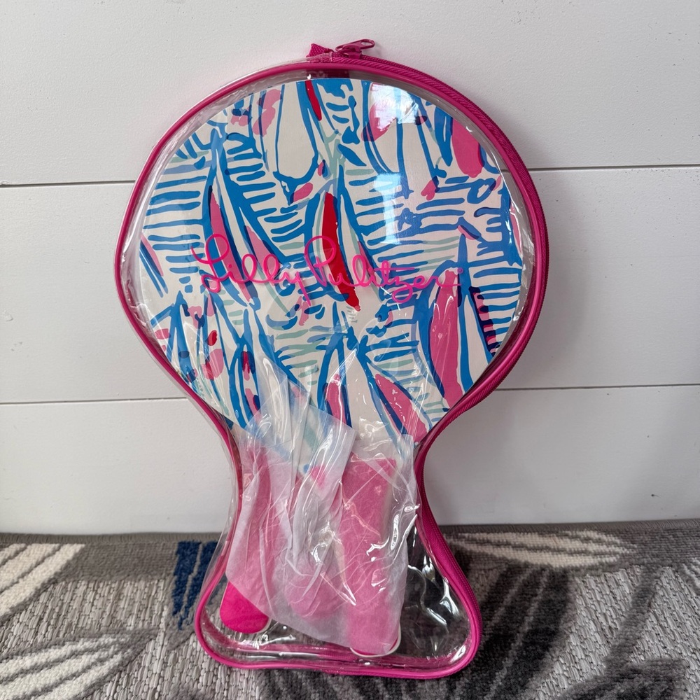 Lilly Pulitzer Prokadema Paddle Ball 3 Pcs Set Carry Case Resort White Pink Blue